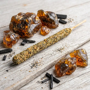 Close-up of Black Copal Incense Sticks made with real copal resin and palo santo
