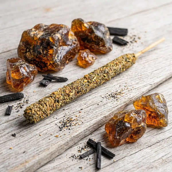 Close-up of Black Copal Incense Sticks made with real copal resin and palo santo