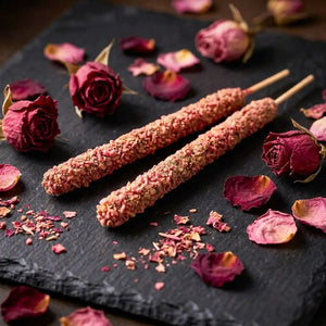 Close-up of Burnt Rose Incense Sticks made with real rose petals and palo santo