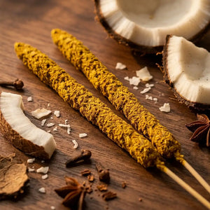 Close-up of Spiced Coconut Incense Sticks made with coconut essence and palo santo